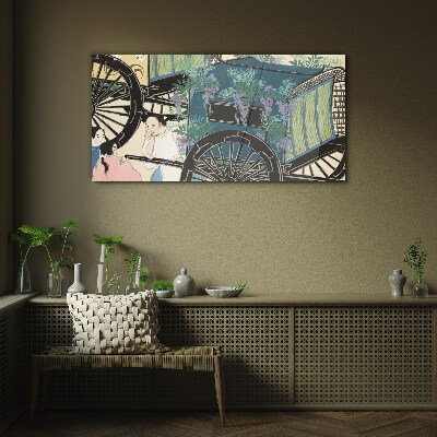 A scene with a stroller and flowers in the background Glass Wall Art