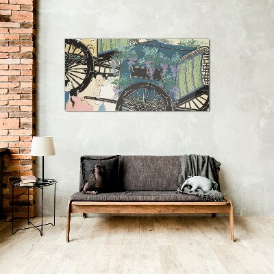 A scene with a stroller and flowers in the background Glass Wall Art