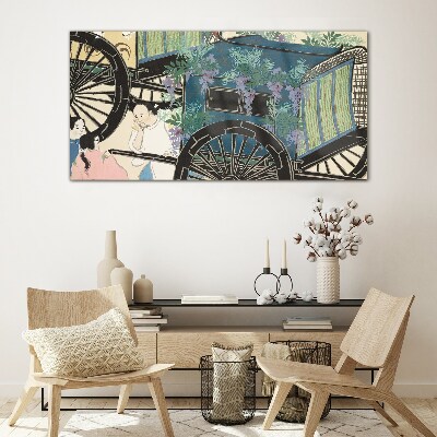A scene with a stroller and flowers in the background Glass Wall Art