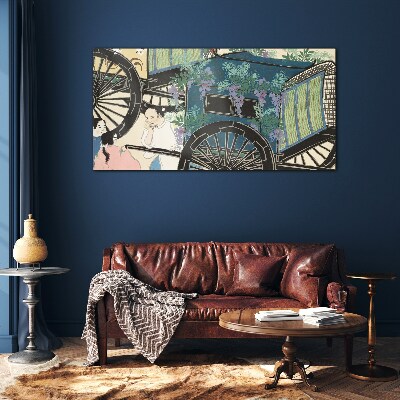 A scene with a stroller and flowers in the background Glass Wall Art