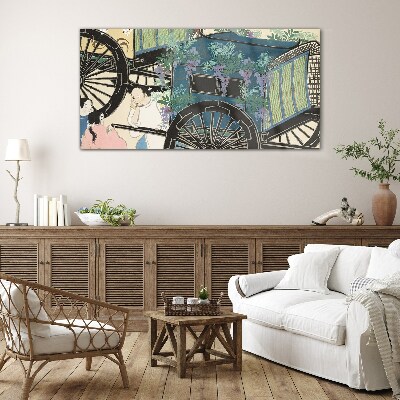 A scene with a stroller and flowers in the background Glass Wall Art