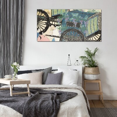 A scene with a stroller and flowers in the background Glass Wall Art