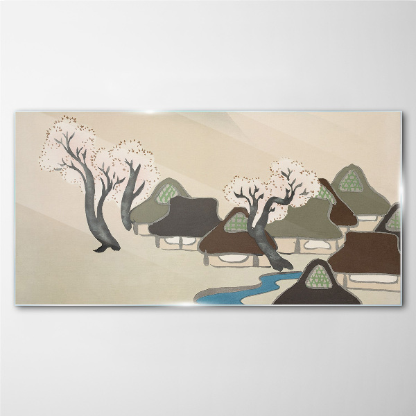 A peaceful landscape with houses and trees Glass Wall Art