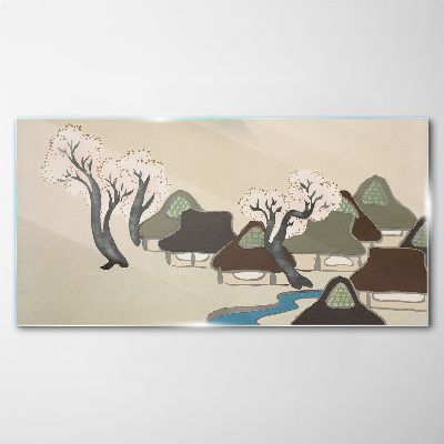 A peaceful landscape with houses and trees Glass Wall Art