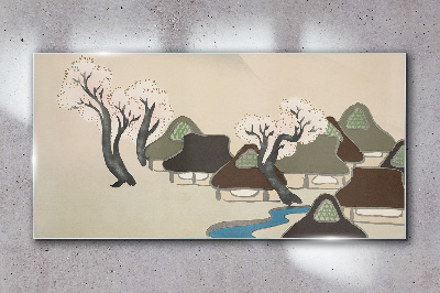 A peaceful landscape with houses and trees Glass Wall Art