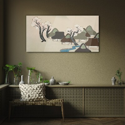 A peaceful landscape with houses and trees Glass Wall Art
