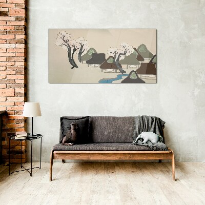 A peaceful landscape with houses and trees Glass Wall Art