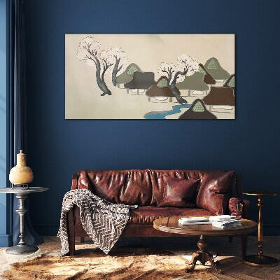 A peaceful landscape with houses and trees Glass Wall Art