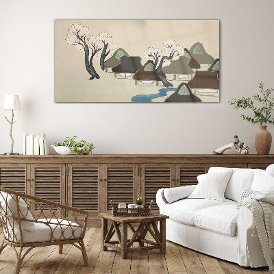 A peaceful landscape with houses and trees Glass Wall Art