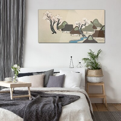 A peaceful landscape with houses and trees Glass Wall Art