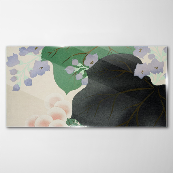 Green leaf with flowers Glass Wall Art
