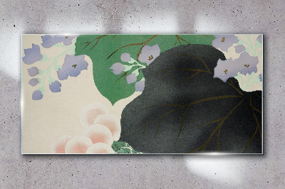 Green leaf with flowers Glass Wall Art