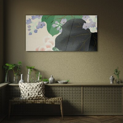 Green leaf with flowers Glass Wall Art
