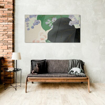 Green leaf with flowers Glass Wall Art