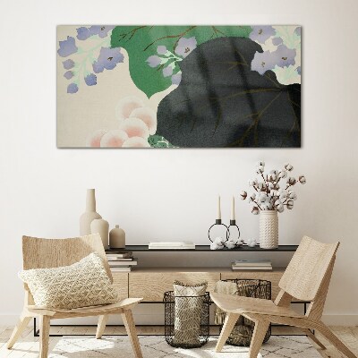 Green leaf with flowers Glass Wall Art