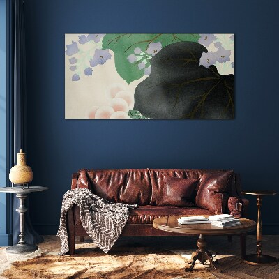 Green leaf with flowers Glass Wall Art