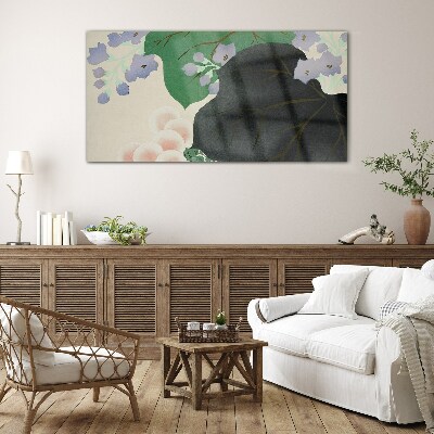 Green leaf with flowers Glass Wall Art