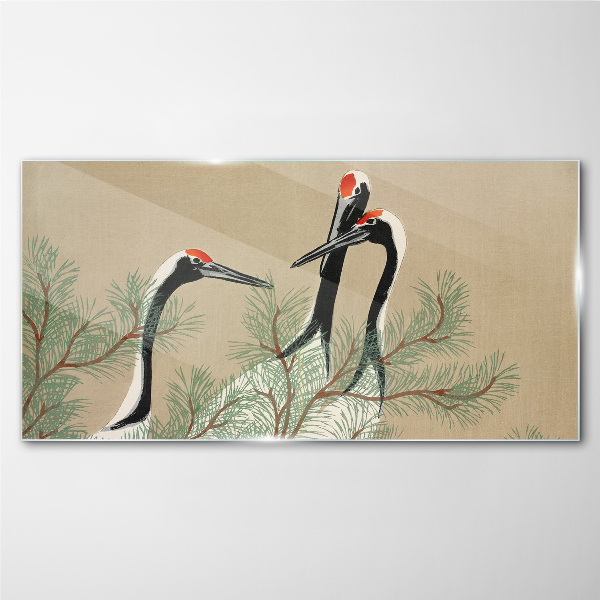 Three cranes among the pine branches Glass Wall Art