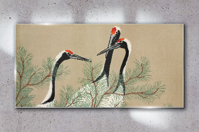 Three cranes among the pine branches Glass Wall Art
