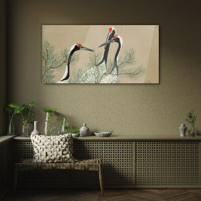 Three cranes among the pine branches Glass Wall Art