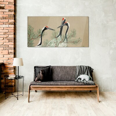 Three cranes among the pine branches Glass Wall Art