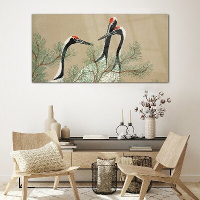 Three cranes among the pine branches Glass Wall Art