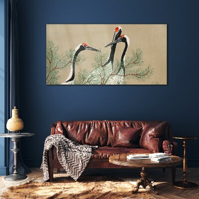 Three cranes among the pine branches Glass Wall Art
