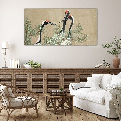 Three cranes among the pine branches Glass Wall Art