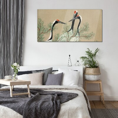 Three cranes among the pine branches Glass Wall Art