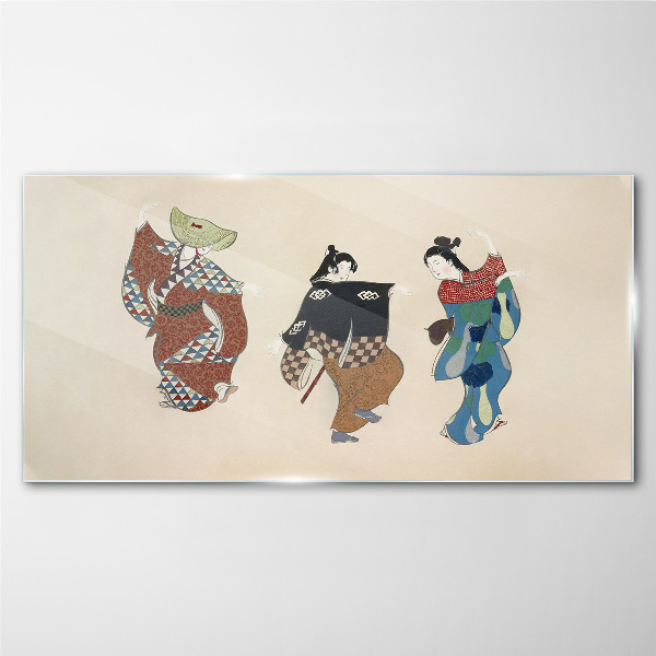 Japanese dancers in traditional costumes Glass Wall Art