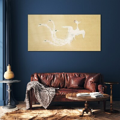 White phoenix on a gold background Glass Wall Art