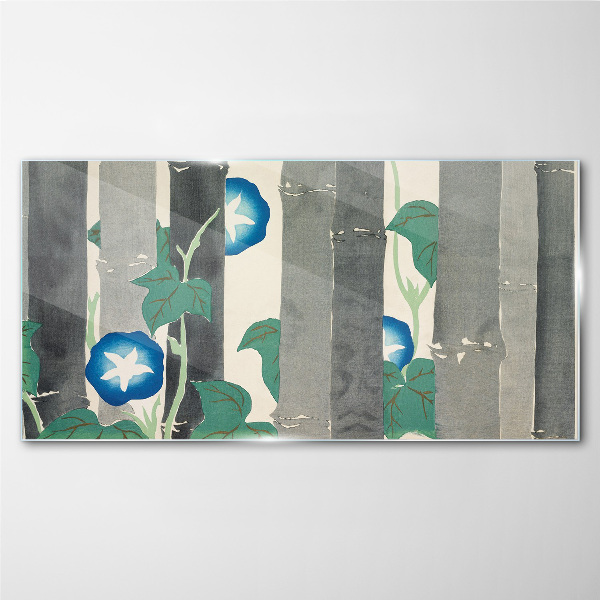 Morning in the forest with blue flowers Glass Wall Art