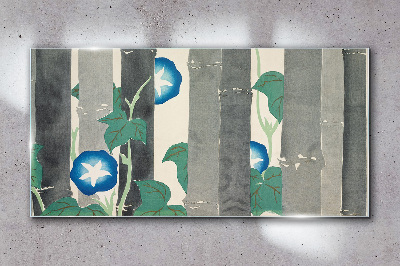 Morning in the forest with blue flowers Glass Wall Art
