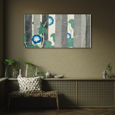 Morning in the forest with blue flowers Glass Wall Art