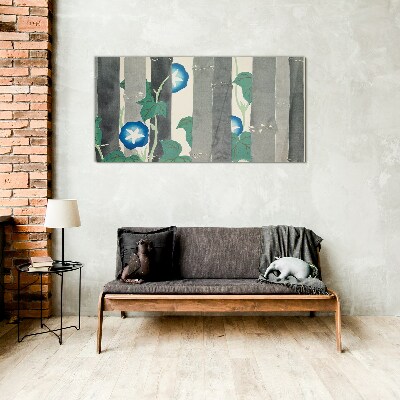Morning in the forest with blue flowers Glass Wall Art