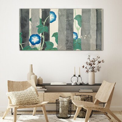 Morning in the forest with blue flowers Glass Wall Art