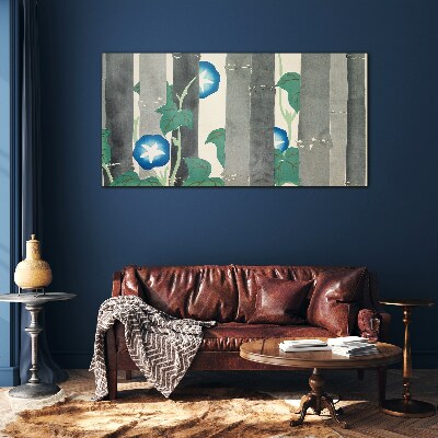 Morning in the forest with blue flowers Glass Wall Art
