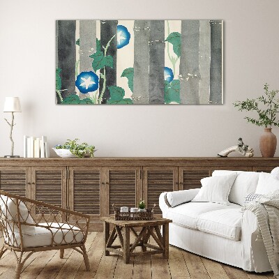 Morning in the forest with blue flowers Glass Wall Art