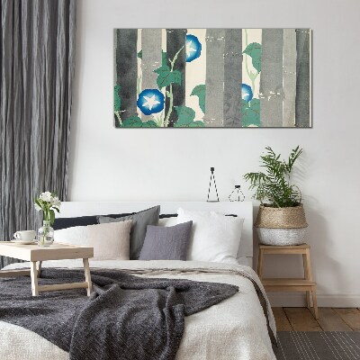 Morning in the forest with blue flowers Glass Wall Art