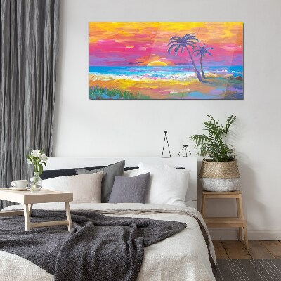 Tropical sunset over the sea Glass Wall Art