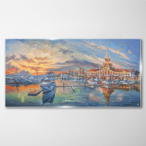 Sunset over the port Glass Wall Art