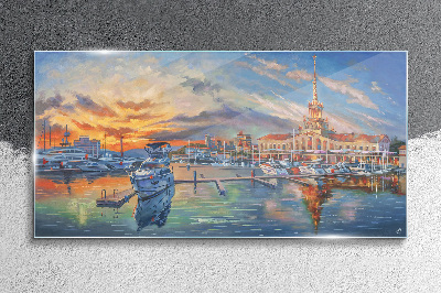 Sunset over the port Glass Wall Art