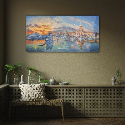 Sunset over the port Glass Wall Art