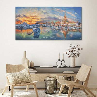 Sunset over the port Glass Wall Art