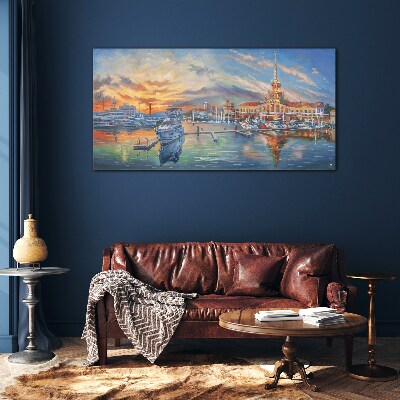 Sunset over the port Glass Wall Art
