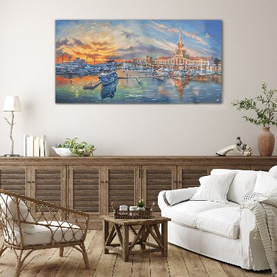 Sunset over the port Glass Wall Art