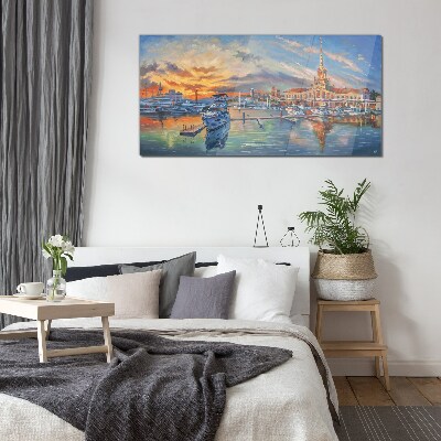 Sunset over the port Glass Wall Art