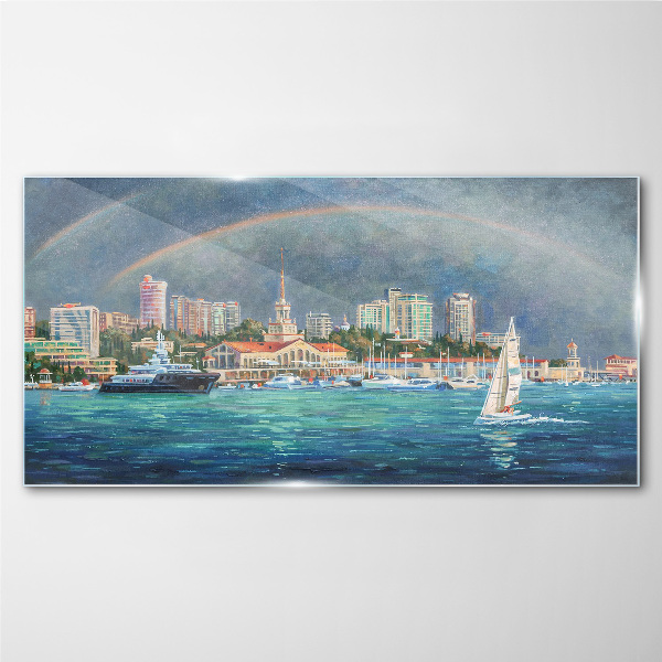 Sea panorama with a rainbow Glass Wall Art