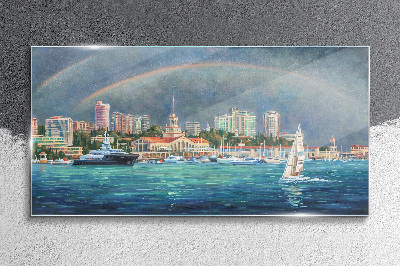 Sea panorama with a rainbow Glass Wall Art