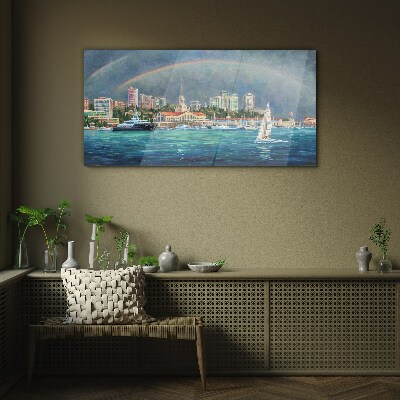 Sea panorama with a rainbow Glass Wall Art
